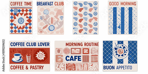 Colorful retro style cards featuring coffee breakfast and morning themes