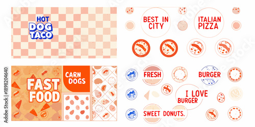 Collection of colorful fast food and pizza themed patches and badges