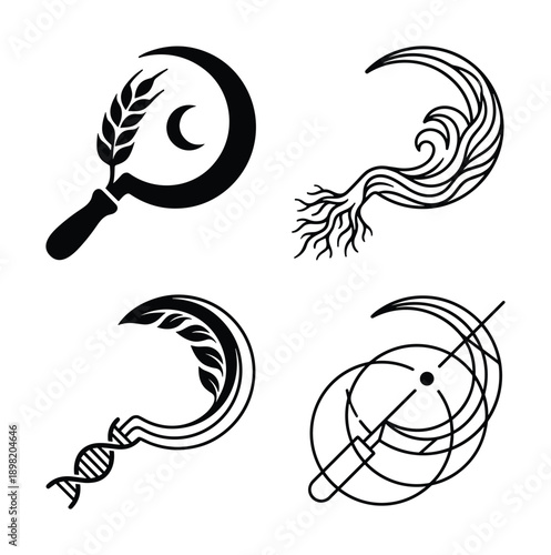 Four abstract design elements featuring sickle shapes, wheat, DNA, water, roots, and cosmos concept