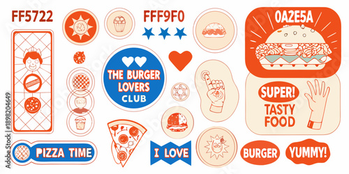 Colorful sticker collection featuring food items hearts and playful typography