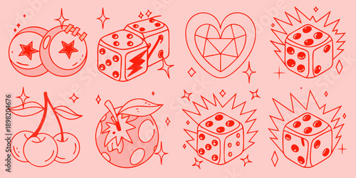 Stylized red line art pattern featuring cherries hearts and dice