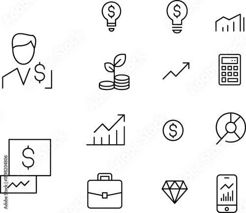 Business and finance line icons set including investment growth money analytics banking statistics