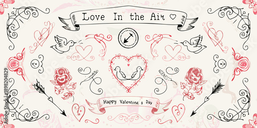 Vintage valentine s day illustration with hearts birds and floral designs