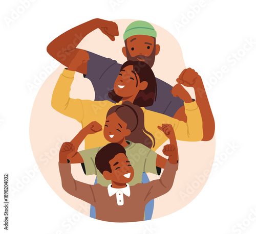 Strong family relationship cartoon scene of parents and kids flexing muscles showing biceps together