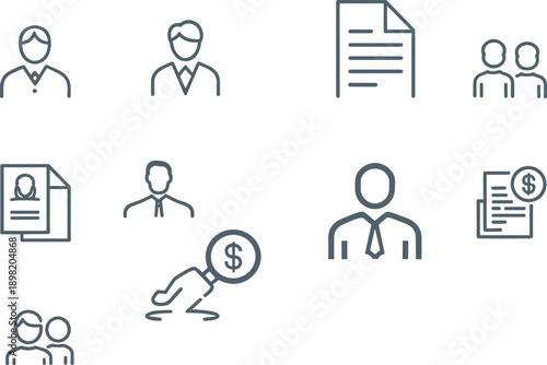 Business icons, finance, employment, teamwork, report, resume, dollar, coin, suit, document, profile, collaboration, investment, invoice, professional
