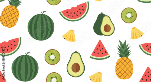 Tropical Fruit Pattern Vector Illustration with Pineapple Watermelon Avocado Kiwi and Summer Elements