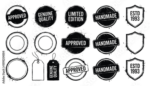 Grunge vector stamps set: Approved, Handmade, Genuine Quality, Limited Edition, and ESTD 1993 shield designs.