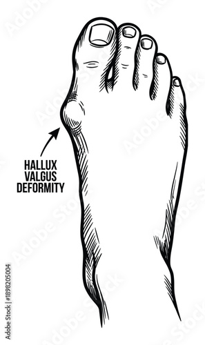 Hallux valgus deformity foot illustration, anatomical sketch of a foot with a bunion, bone abnormality and big toe joint pain