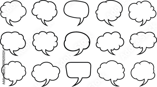 Collection of fifteen black outline speech bubbles and thought bubbles comic book dialogue conversation