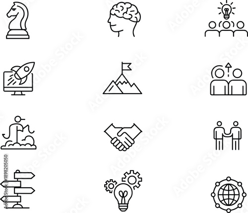 Business icons, strategy, innovation, teamwork, leadership, startup, growth, success, partnership, decision-making, global connectivity, problem-solving, achievement, collaboration, planning