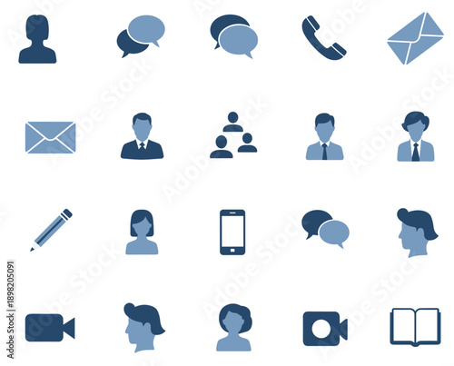 Communication icons, business, professional, speech bubbles, email, video, phone, book, pencil, smartphone, suit, group, camera, envelope, hierarchy