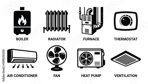 Heating and Cooling System Icons: Boiler, Radiator, Furnace, Thermostat, Air Conditioner, Fan, Heat Pump, Ventilation
