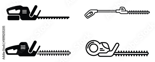 Hedge trimmer vector icons. Gardening equipment illustration. Silhouette garden tool for pruning bushes.