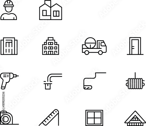 Construction icons, building tools, architecture, house, drill, faucet, paint roller, window, ruler, mixer, roof, cable, tape, worker, apartment