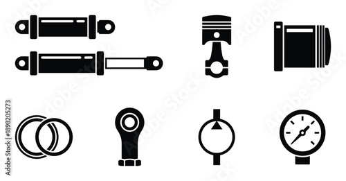 Hydraulic components, car parts, including cylinders, piston, rings and gauge, black and white vector illustration