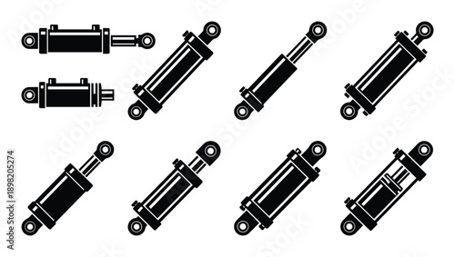 Hydraulic cylinder set vector illustration. Industrial pneumatic equipment isolated drawing. Linear actuators collection