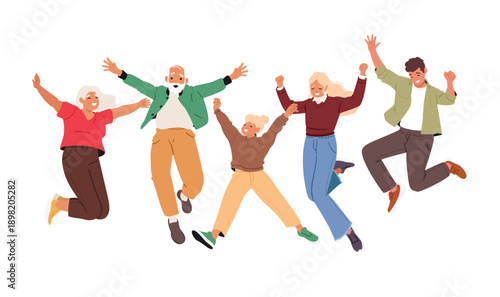 Multigenerational family of mature parents and adult kids jumping up together in excitement