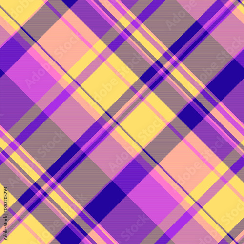 Summer seamless plaid check, wrapping tartan vector fabric. Pastel textile texture pattern background in yellow and indigo colors.