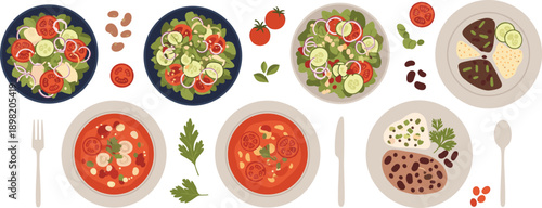 Healthy Food Bowls and Plates Vector Set with Salad Soup Vegetables and Protein Meals