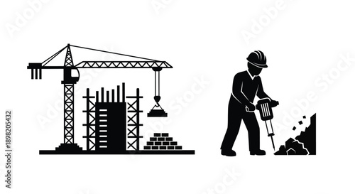 Construction site with worker and machinery a dark silhouette