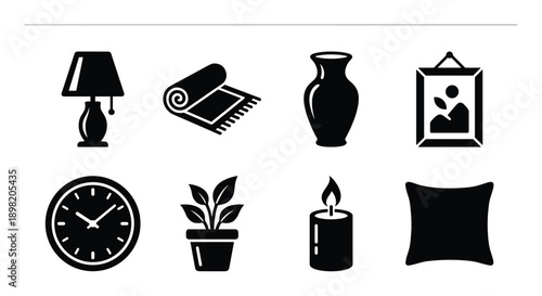 Interior home decoration set of lamp, rug, vase, picture, clock, plant, candle, pillow isolated on a white background