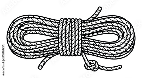 Illustration of a coiled rope with a knot. Detailed drawing of a nautical rope with multiple loops.