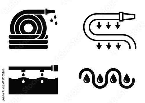 Irrigation system icons. Hose types, drip irrigation, pipe system and water drops vector illustration