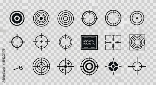 A comprehensive collection of various target and crosshair icons for aiming and shooting, isolated on a transparent background.