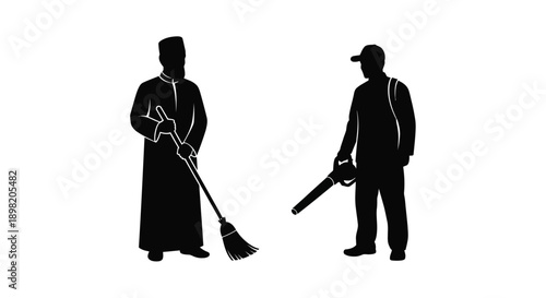 Two men in profile one with a broom a striking silhouette