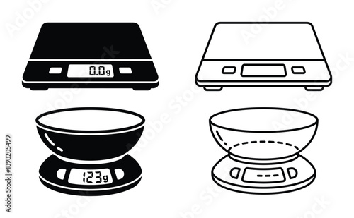 Kitchen scale icons in black and outline style. Digital scales with bowl and without bowl, showing 0.0g and 123g.