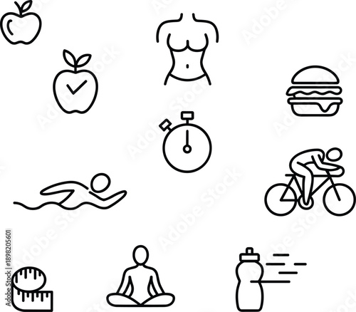 Fitness and healthy lifestyle line icons set including nutrition exercise wellness hydration time management