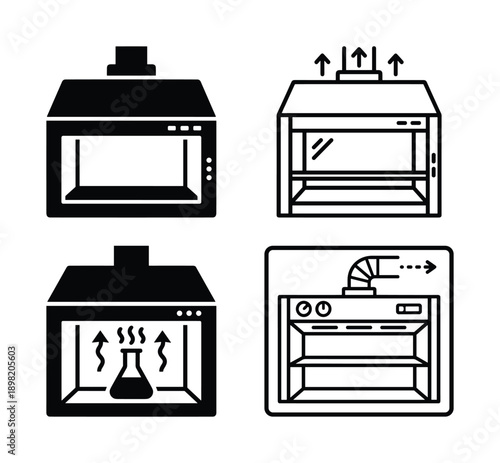 Laboratory fume hood icons, chemical safety equipment vector illustration, chemical experiment fume hood set