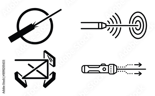 Laser beam and optics concept icons set, laser beam, flashlight, mirror, light target, light focus