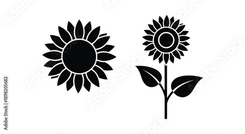 Two black sunflowers in a simple graphic design silhouette