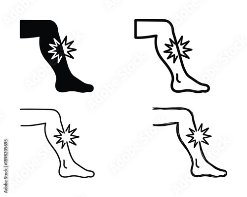 Leg pain icons set, knee joint ache, human body injury, lower extremity problems, black and white