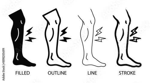 Leg pain illustration set, including filled, outline, line, stroke styles with lightning bolts, black and white leg images