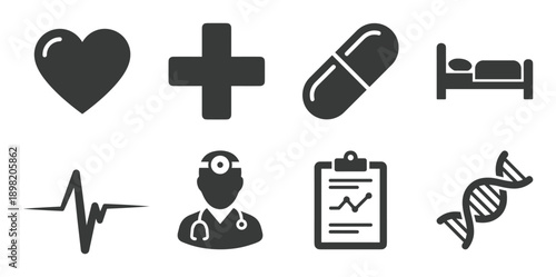 Medical icons set featuring heart, plus sign, pill, bed, heartbeat, doctor, clipboard, and DNA strand