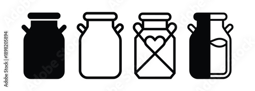 Milk can vector icons. Set of dairy containers with handles. Simple black and white milk jug outline illustrations.