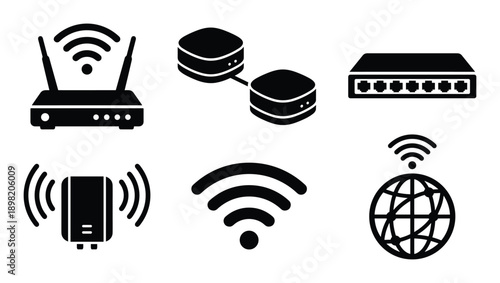 Network infrastructure devices vector illustration with router, server, switch, range extender, and internet globe icons.