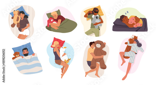 Diverse people characters sleeping peacefully with favorite toy isolated cartoon scenes set