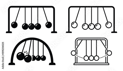 Newton's cradle vector set. Momentum conservation physics experiment, science educational equipment isolated on white background