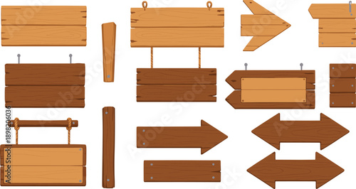 Wooden Signboards and Direction Arrows Vector Set with Rustic Planks and Hanging Signs