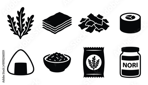 Nori seaweed ingredients icon set. Dried sheets, snack pieces, onigiri, sushi roll and seasoning