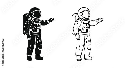 Two astronauts in space suits a black and white outline silhouette