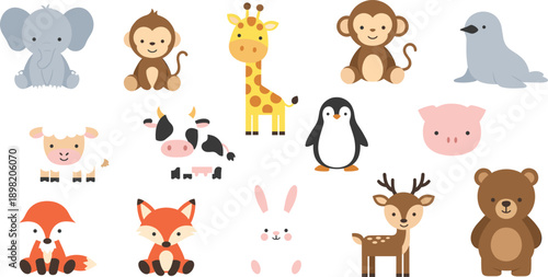 Cute Animal Cartoon Vector Set with Wild Farm and Arctic Animals for Kids Illustration