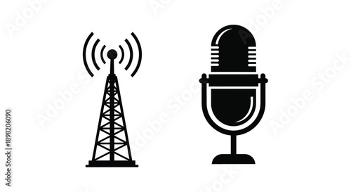 Radio tower and microphone icons presented as a dark silhouette