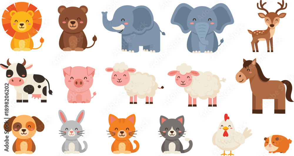 Fototapeta premium Cute Animal Cartoon Vector Set with Wild Farm and Pet Animals Sitting Characters