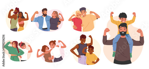 People characters in pair diversity showing biceps isolated cartoon portrait set on white background