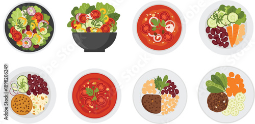 Healthy Food Bowls and Soup Dishes Vector Set with Fresh Vegetables Salad and Protein Meals