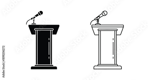 Two podiums with microphones a black fill and line art silhouette